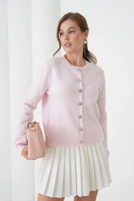 Kadın Pembe Bisiklet Yaka Düğme Detay Yumuşak Dokulu Triko Hırka