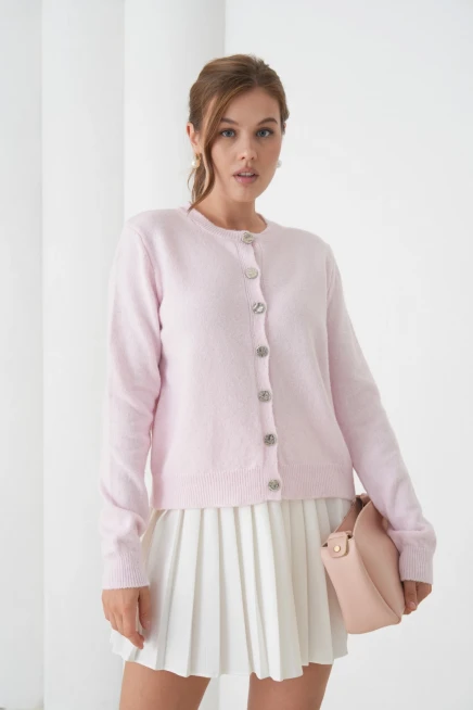 Kadın Pembe Bisiklet Yaka Düğme Detay Yumuşak Dokulu Triko Hırka