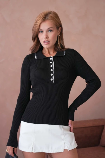 Kadın Polo Yak Agarni Dikişli Kaşkorse Triko Kazak