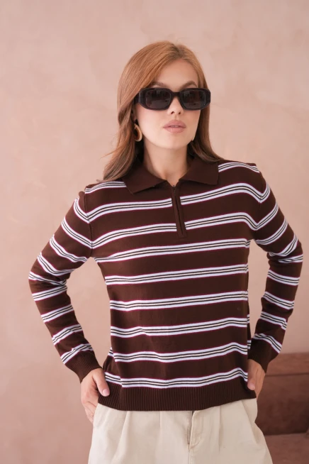 Kadın Polo Yaka Çizgi Detay Oversize Triko Kazak