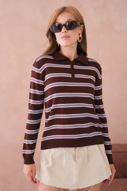 Kadın Polo Yaka Çizgi Detay Oversize Triko Kazak