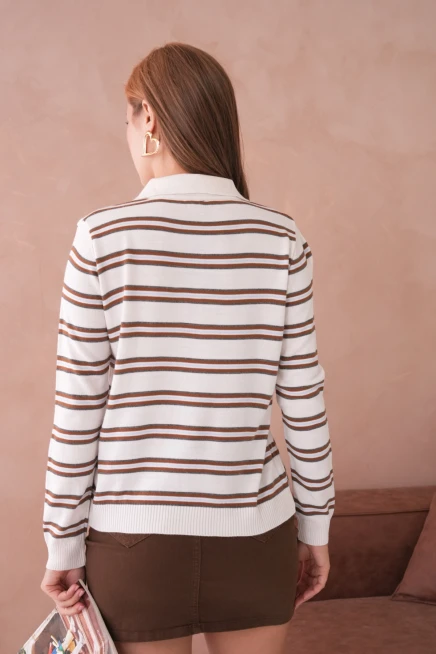 Kadın Polo Yaka Çizgi Detay Oversize Triko Kazak