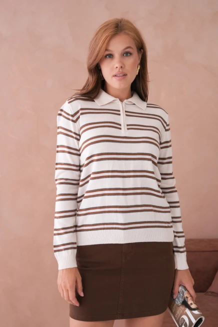 Kadın Polo Yaka Çizgi Detay Oversize Triko Kazak