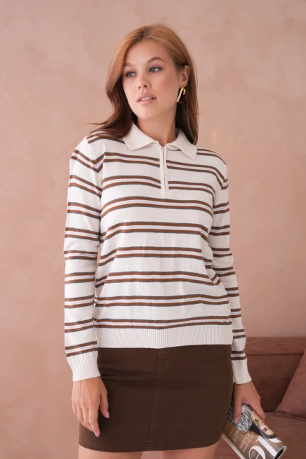 Kadın Polo Yaka Çizgi Detay Oversize Triko Kazak