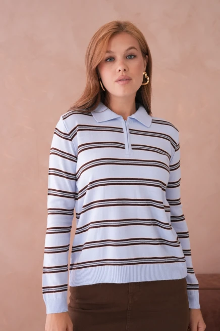 Kadın Polo Yaka Çizgi Detay Oversize Triko Kazak