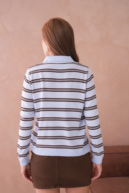 Kadın Polo Yaka Çizgi Detay Oversize Triko Kazak