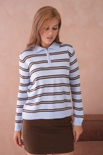 Kadın Polo Yaka Çizgi Detay Oversize Triko Kazak