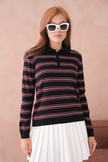 Kadın Polo Yaka Çizgi Detay Oversize Triko Kazak