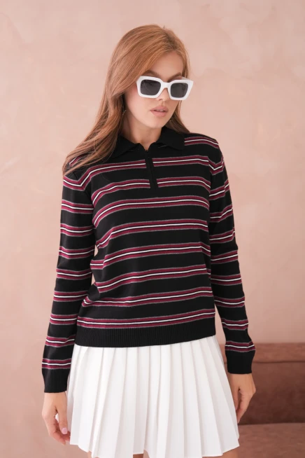 Kadın Polo Yaka Çizgi Detay Oversize Triko Kazak