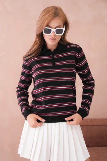 Kadın Polo Yaka Çizgi Detay Oversize Triko Kazak