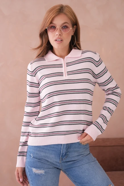 Kadın Polo Yaka Çizgi Detay Oversize Triko Kazak