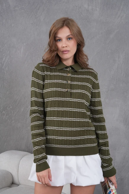 Kadın Polo Yaka Çizgi Detay Saç Örgü Triko Kazak