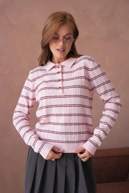 Kadın Polo Yaka Çizgi Detay Saç Örgü Triko Kazak