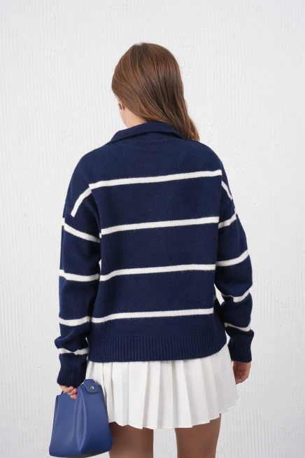 Kadın Polo Yaka Çizgili Oversize Triko Kazak