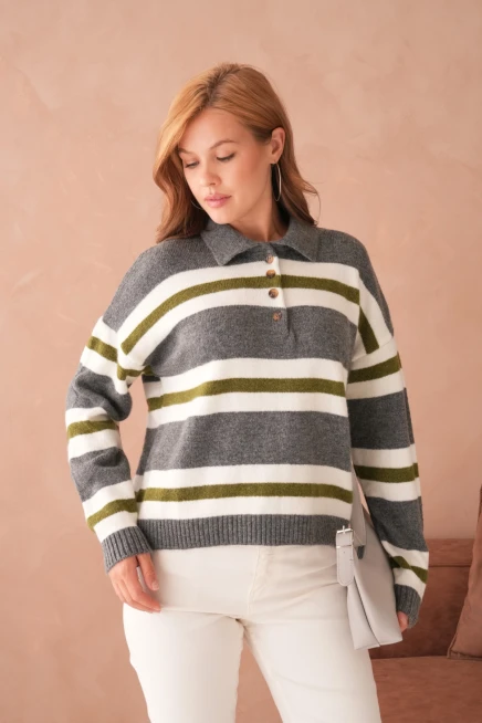 Kadın Polo Yaka Çizgili Oversize Triko Kazak