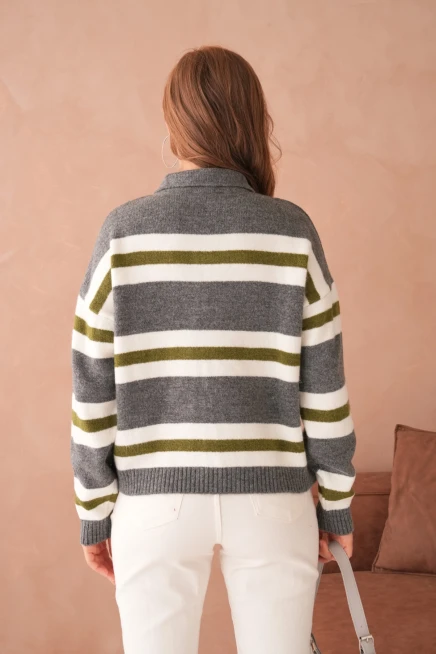 Kadın Polo Yaka Çizgili Oversize Triko Kazak