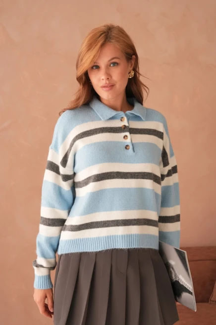 Kadın Polo Yaka Çizgili Oversize Triko Kazak