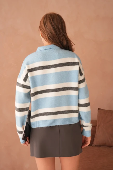 Kadın Polo Yaka Çizgili Oversize Triko Kazak