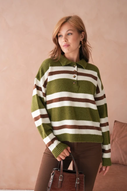 Kadın Polo Yaka Çizgili Oversize Triko Kazak