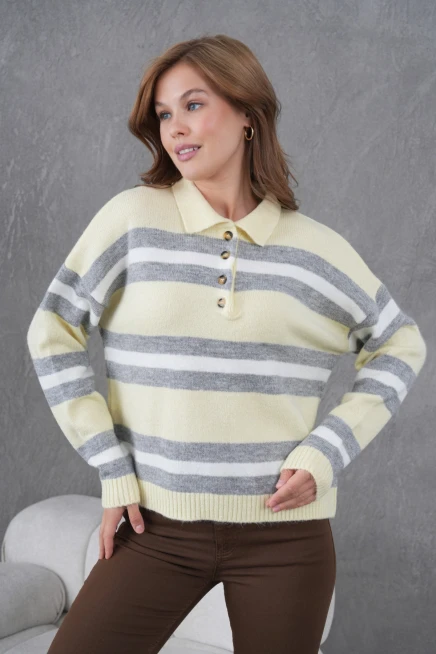 Kadın Polo Yaka Çizgili Oversize Triko Kazak
