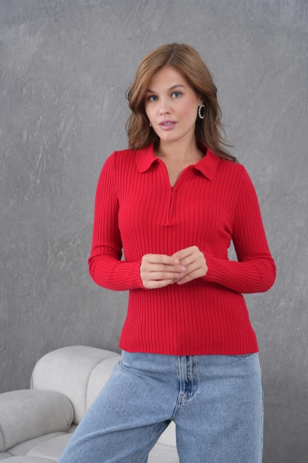 Kadın Polo Yaka Fermuar Detay Kaşkorse Triko Kazak