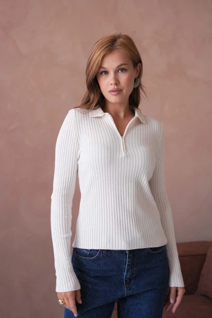 Kadın Polo Yaka Fermuar Detay Kaşkorse Triko Kazak