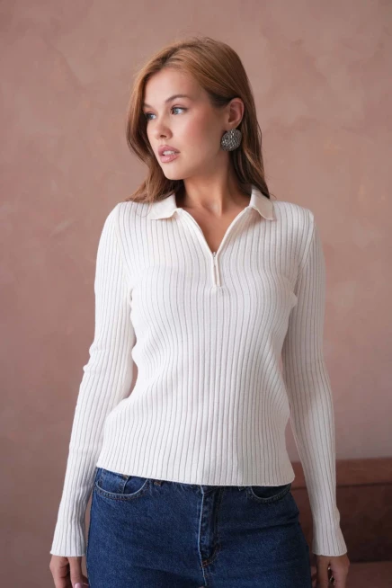 Kadın Polo Yaka Fermuar Detay Kaşkorse Triko Kazak