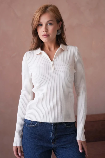 Kadın Polo Yaka Fermuar Detay Kaşkorse Triko Kazak