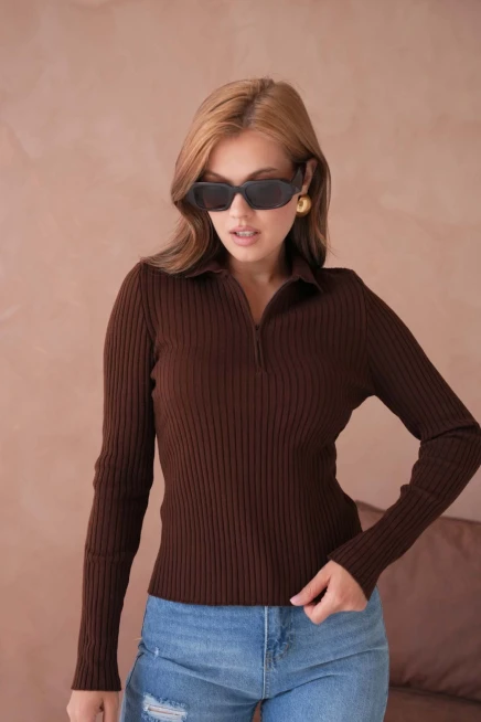 Kadın Polo Yaka Fermuar Detay Kaşkorse Triko Kazak