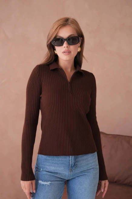 Kadın Polo Yaka Fermuar Detay Kaşkorse Triko Kazak