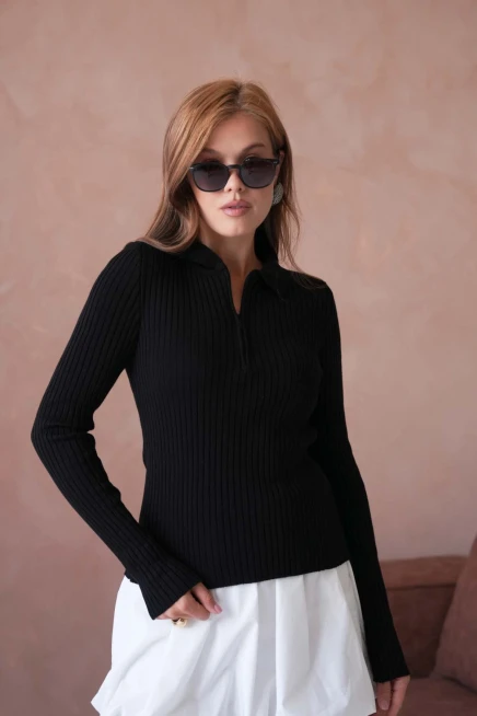 Kadın Polo Yaka Fermuar Detay Kaşkorse Triko Kazak