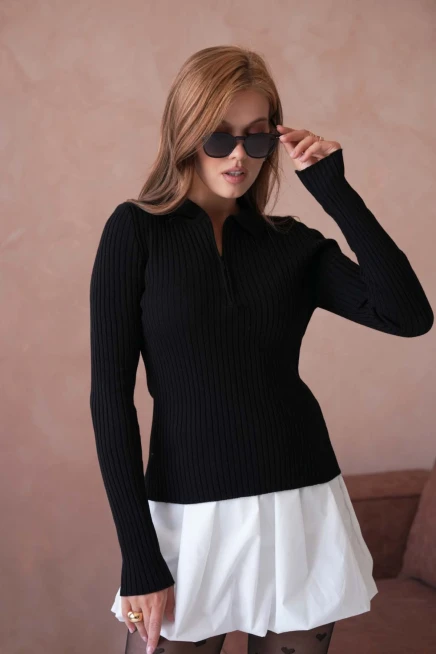 Kadın Polo Yaka Fermuar Detay Kaşkorse Triko Kazak