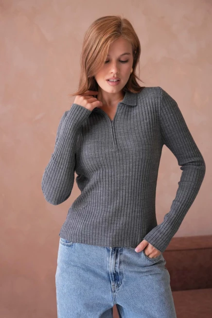 Kadın Polo Yaka Fermuar Detay Kaşkorse Triko Kazak