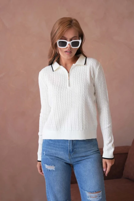 Kadın Polo Yaka Fermuar Detay Triko Kazak