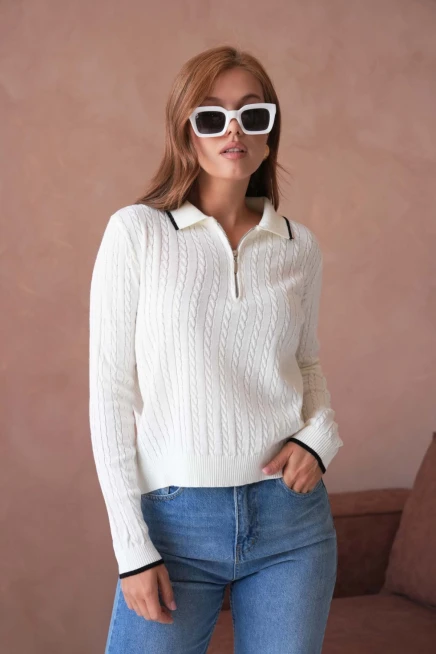 Kadın Polo Yaka Fermuar Detay Triko Kazak