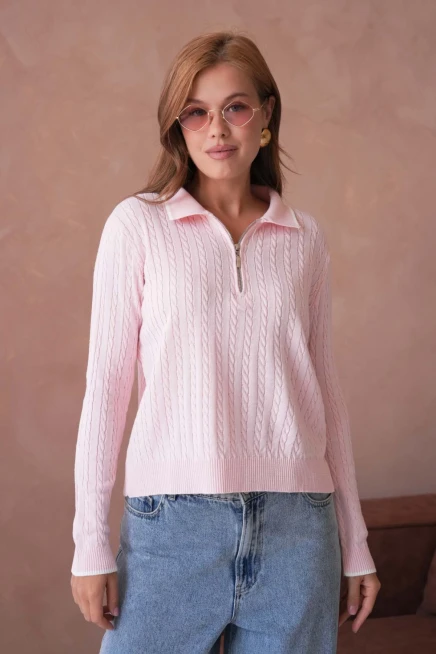 Kadın Polo Yaka Fermuar Detay Triko Kazak