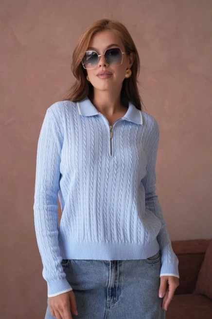 Kadın Polo Yaka Fermuar Detay Triko Kazak