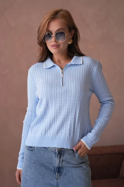 Kadın Polo Yaka Fermuar Detay Triko Kazak