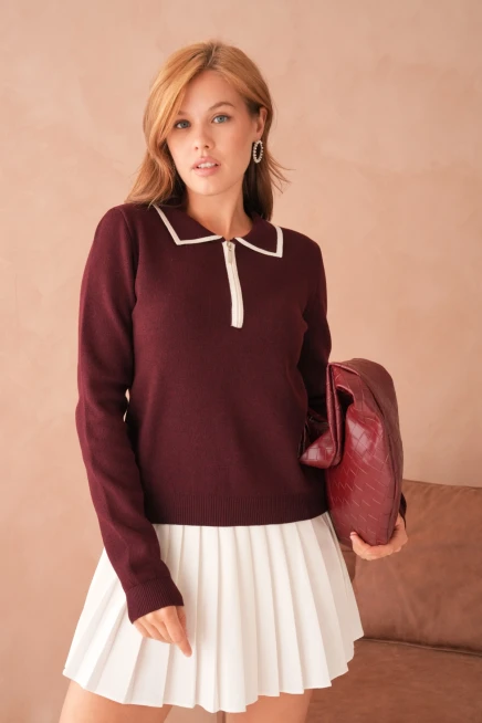 Kadın Polo Yaka Fermuar Detay Triko Kazak