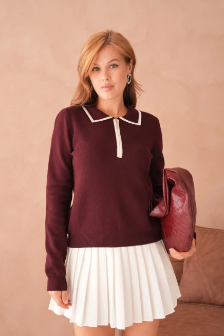 Kadın Polo Yaka Fermuar Detay Triko Kazak