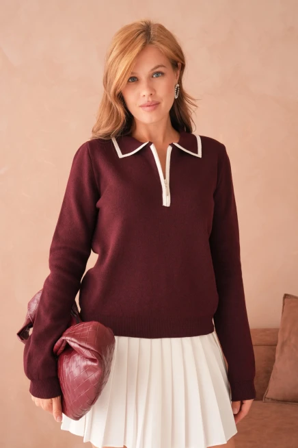 Kadın Polo Yaka Fermuar Detay Triko Kazak