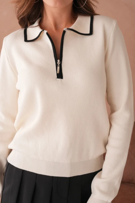 Kadın Polo Yaka Fermuar Detay Triko Kazak