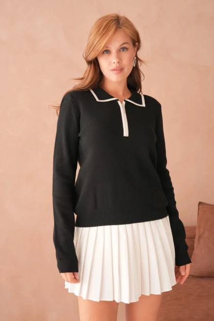 Kadın Polo Yaka Fermuar Detay Triko Kazak