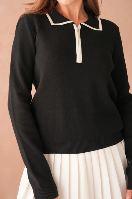 Kadın Polo Yaka Fermuar Detay Triko Kazak