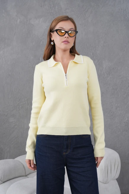 Kadın Polo Yaka Fermuar Detay Triko Kazak