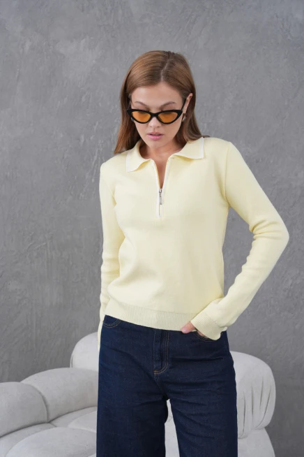 Kadın Polo Yaka Fermuar Detay Triko Kazak