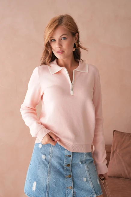 Kadın Polo Yaka Fermuar Detay Triko Kazak