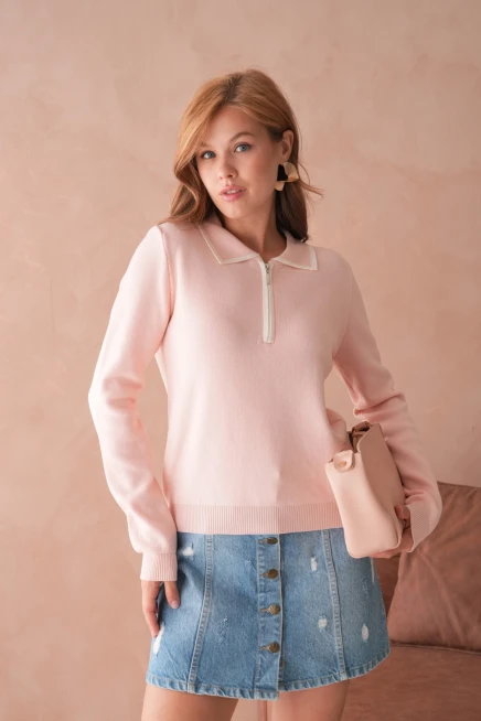 Kadın Polo Yaka Fermuar Detay Triko Kazak