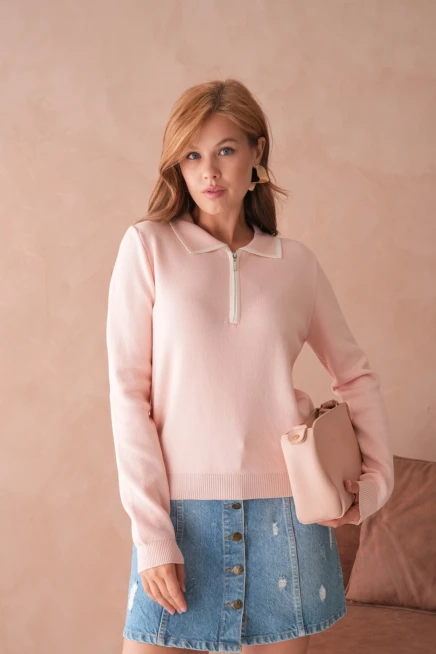 Kadın Polo Yaka Fermuar Detay Triko Kazak