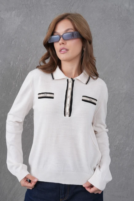 Kadın Polo Yaka Garni Detay Triko Kazak